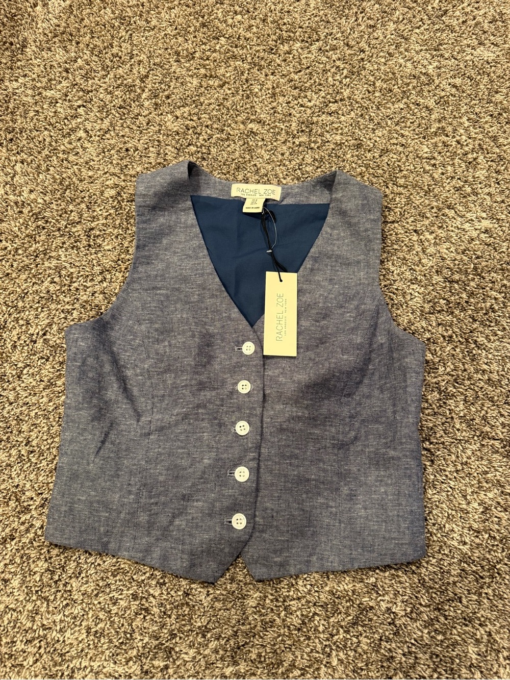 NWT Rachel Zoe Linen Blend Button Front Vest Women’s Size 4 Blue Tailored Waist